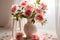 Interior allure peony bouquets in vases on white podiums