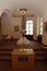 Interior, altar, icons, frescoes, baptismal font, in the old russian traditional orthodox church