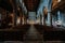 Interior of Ancient Church Cathedral with pillars, arches, and stained glass windows in Scotland, UK