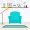 Interior with armchair, modern floor lamp and shelf. Room design template in flat style. Vector illustration