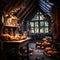 Interior autumn Halloween decoration with pumpkins and magic potions, Fairy tale, witch house