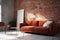 interior background decoration brick lamp cosy style luxury carpet living room living cushion. Generative AI.