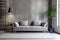 interior background grey comfortable modern wall stylish floor pillow concrete couch. Generative AI.