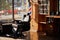 Interior of barbershop with barber chair and hairdressing tools