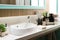 Interior of bathroom with sink basin faucet and mirror. Modern d