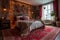 Interior of bedroom decorated for Valentine\\\'s Day with roses and lights on wall