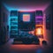 Interior of the bedroom in neon colors. 3D rendering.