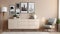 Interior of a beige living room featuring a dresser and posters