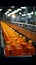 Interior of beverage factory, with bottles of juice and water moving on conveyor