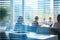 Interior blinds in an office, people seen through the blinds in the distance. Blurred working people in motion.