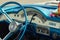 Interior of a blue vintage Cadillac car parked at the street in Havana, Cuba.