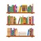 Interior bookshelves with multicolored books spines. Pile books on shelf with books of library or bookstore. Stack