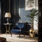 Interior of british colonial living room A modern classic armchair beside an antique sino-portuguese cabinet and luxury marble