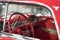 Interior cabin view of a Cadillac Automobile red