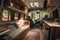 Interior of a camper with comfortable seating a fully equipped kitchen. AI Generated