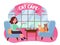 Interior of cat cafe with large window, woman and two Kitties in comfortable armchairs. Girl and cat Tea party. Spending time with