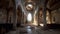 Interior of catholic church, obsolete and ruined, AI generative