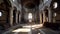 Interior of catholic church, obsolete and ruined, AI generative