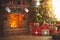 Interior christmas. magic glowing tree, fireplace, gifts