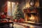 Interior christmas watercolor Craft holiday magic Christmas tree, fireplace presents and heartwarming scene