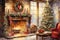 Interior christmas watercolor Craft holiday magic Christmas tree, fireplace presents and heartwarming scene