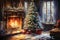 Interior christmas watercolor Craft holiday magic Christmas tree, fireplace presents and heartwarming scene