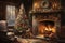 Interior christmas watercolor Craft holiday magic Christmas tree, fireplace presents and heartwarming scene