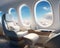 Interior of a commercial airliner, featuring large round windows. AI-generated.