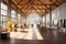 Interior of contemporary art gallery with wooden walls and ceiling. Generative AI