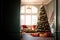 interior of a country house decorated with a Christmas tree on the eve of the holiday. large spacious bright room