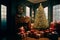 interior of a country house decorated with a Christmas tree on the eve of the holiday. large spacious bright room