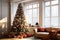 interior of a country house decorated with a Christmas tree on the eve of the holiday. large spacious bright room