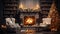 Interior of cozy classic living room with Christmas decoration. Blazing fireplace, garlands and candles, elegant