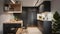 interior of a cozy and compact kitchen in a tiny house. The kitchen exudes modern elegance with clean lines, warm lighting