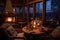 Interior of a cozy country house by the lake at night. A heartwarming image of a warm inviting cabin, AI Generated