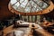 interior of a cozy, eco-friendly dome-shaped house made of glass and wood. The interior design incorporates natural