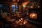 Interior of cozy living room with fireplace and armchairs at night, A heartwarming image of a warm inviting cabin, AI Generated