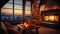 Interior of cozy living room in rustic chalet with Christmas decor. Blazing fireplace, garlands and burning candles