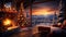 Interior of cozy living room in rustic chalet with Christmas decor. Blazing fireplace, garlands and burning candles