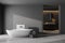 interior with dark concrete walls  gray floor  white bathtub and sink. 3d rendering