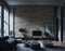 Interior of a dark room, photo of a contemporary living room featuring a harmonious blend of minimalism and warmth, brick wall