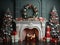 interior decorated for christmas, burning fireplace, christmas trees with red and white balls, white background, holly garland