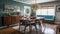 Interior deisgn of Dining Room in Mid-Century style with Chandelier