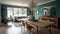 Interior deisgn of Dining Room in Mid-Century style with Chandelier