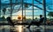 Interior of departure building. Modern panoramic airport sunset. Generative AI