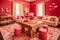 Interior design, 3D rendering: a pink and red room with hearts and beige couches and wood tables, natural light. Generative AI