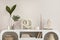 Interior design of aesthetic and elegant room with white commode, plants, book, decoration, vase with leaf and personal