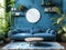 An interior design with Azure blue walls, a couch, coffee table, and mirror