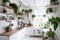 Interior design of a chic Scandinavian-style kitchen with elegant ceramic plates, crockery, utensils and houseplants arranged