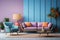 Interior design, colorful living room, colorful walls and purple sofa. AI generative